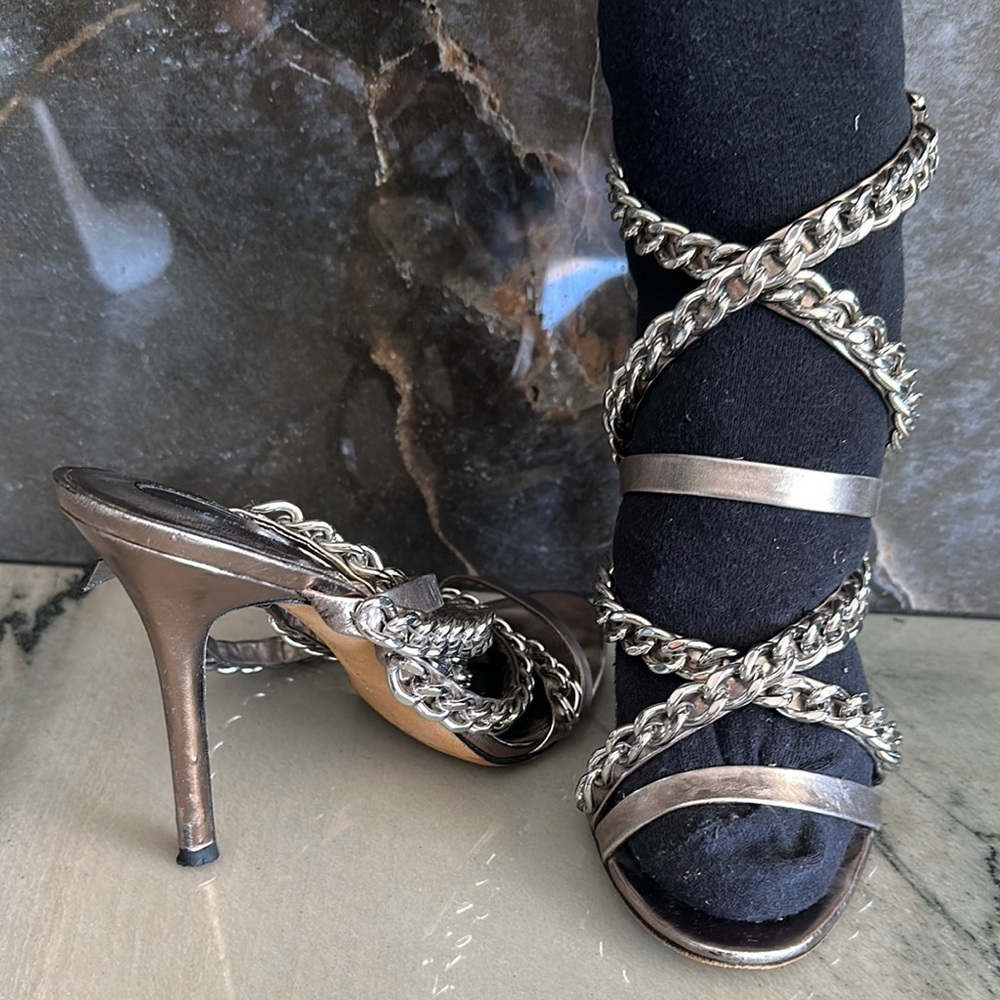 Chain-Embellished Metallic Silver Heels